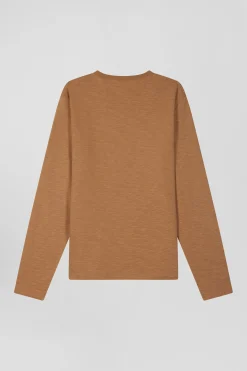 T-shirt manches longues en coton uni camel coupe Slim