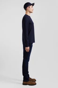 T-shirt manches longues en coton bleu marine brodé coupe Regular