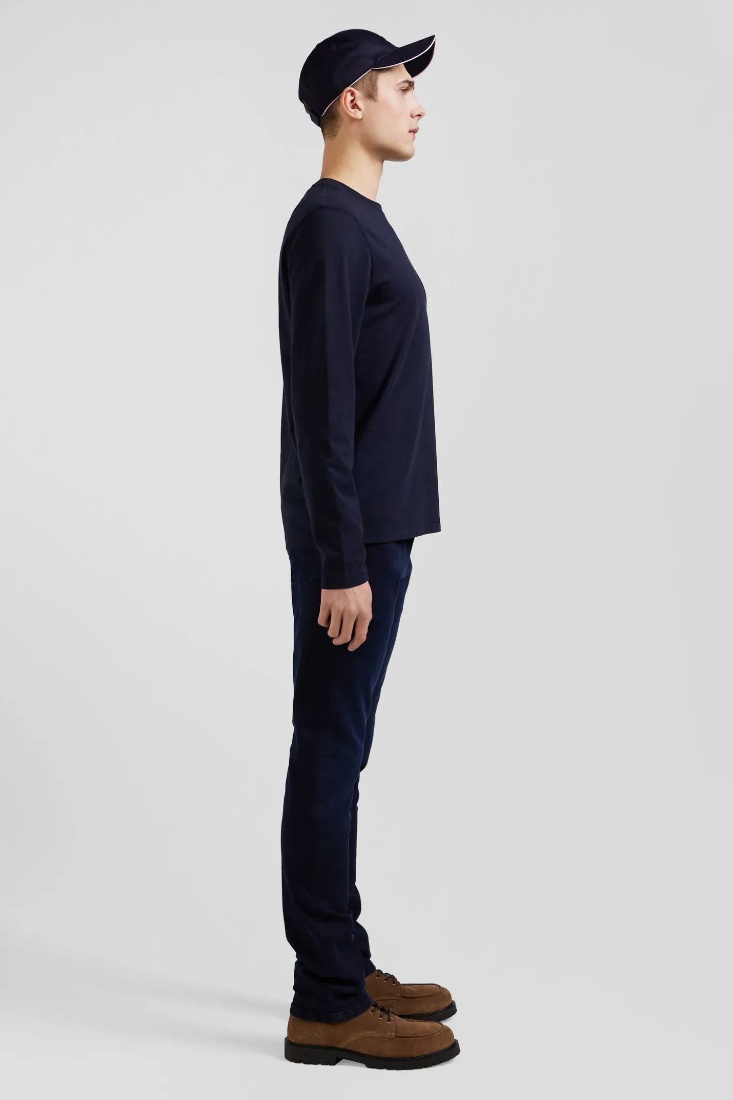 T-shirt manches longues en coton bleu marine brodé coupe Regular
