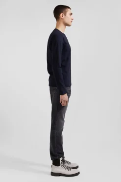 T-shirt manches longues en coton uni bleu marine coupe Slim