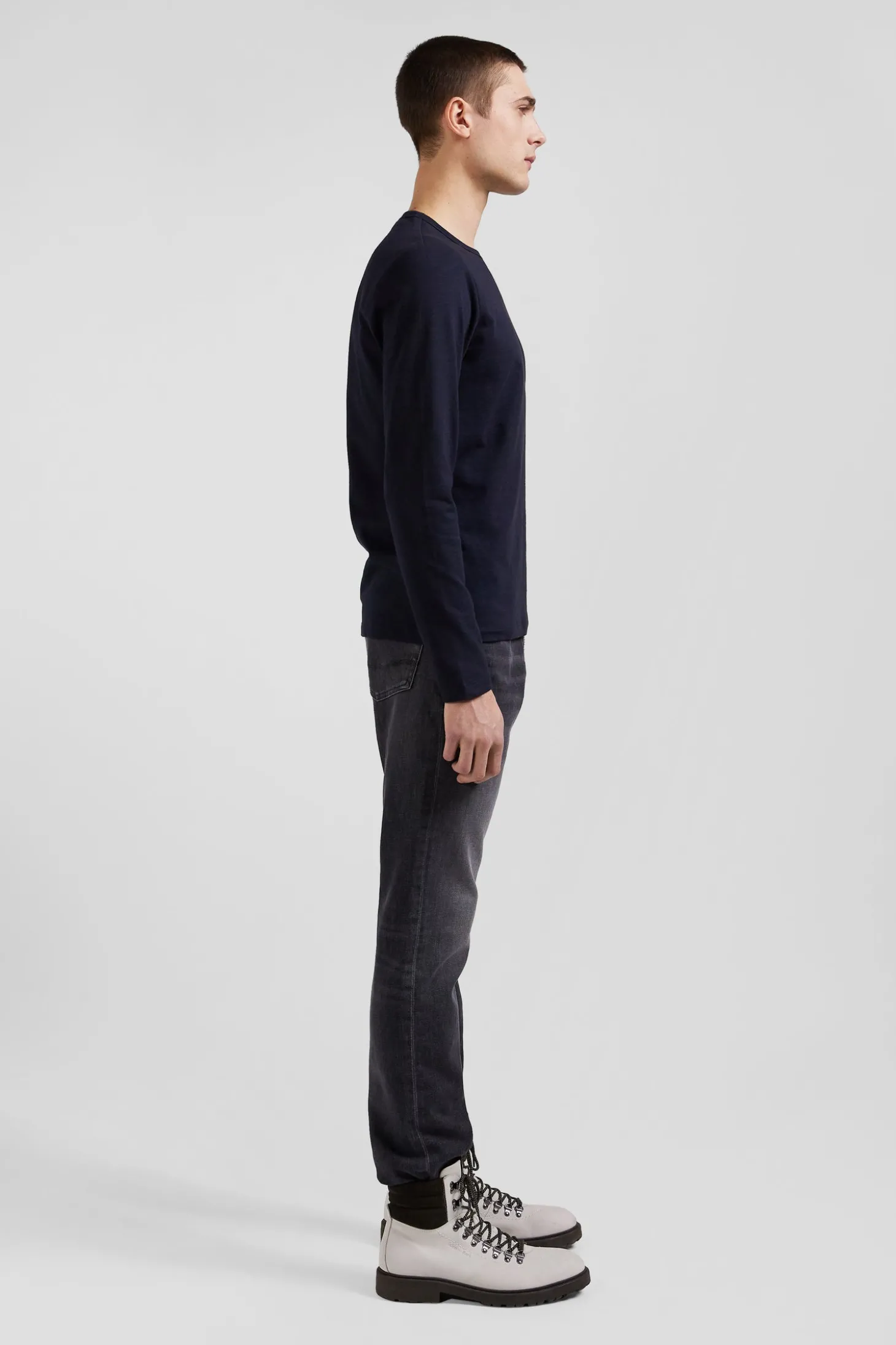 T-shirt manches longues en coton uni bleu marine coupe Slim