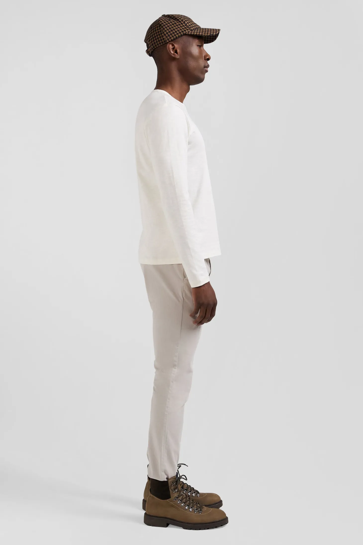 T-shirt manches longues en coton uni écru coupe Slim