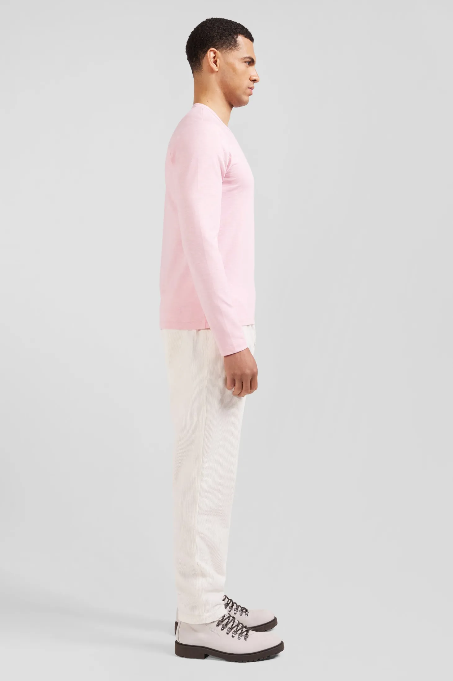 T-shirt manches longues en coton uni rose coupe Slim