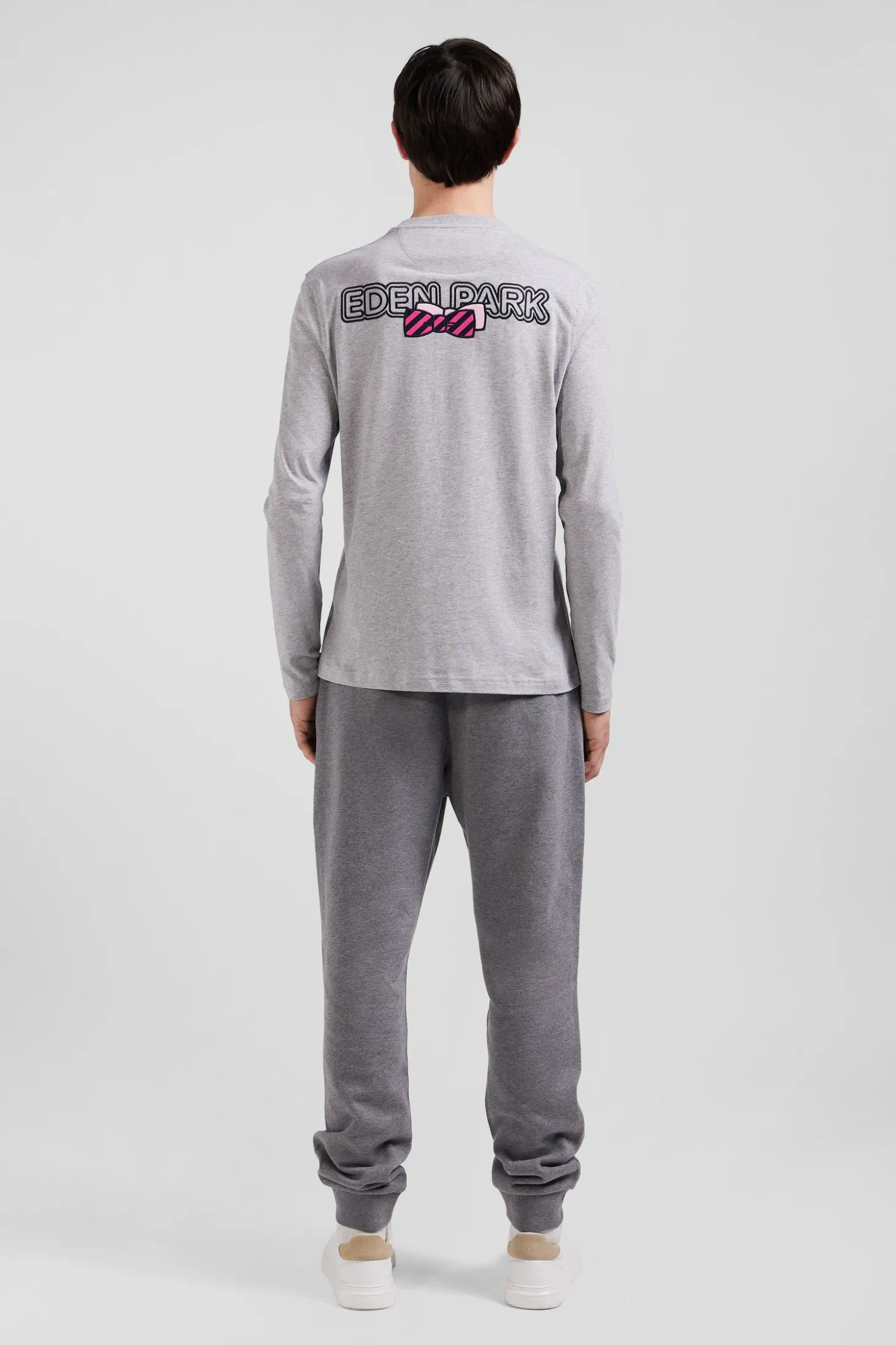 T-shirt manches longues en coton gris broderie et nœuds papillon cerclés