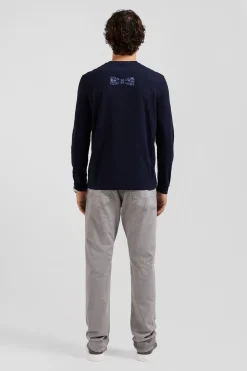 T-shirt manches longues en coton bleu marine patch dos imprimé fleuri coupe Regular