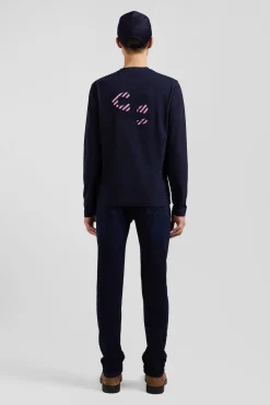 T-shirt manches longues en coton bleu marine brodé coupe Regular