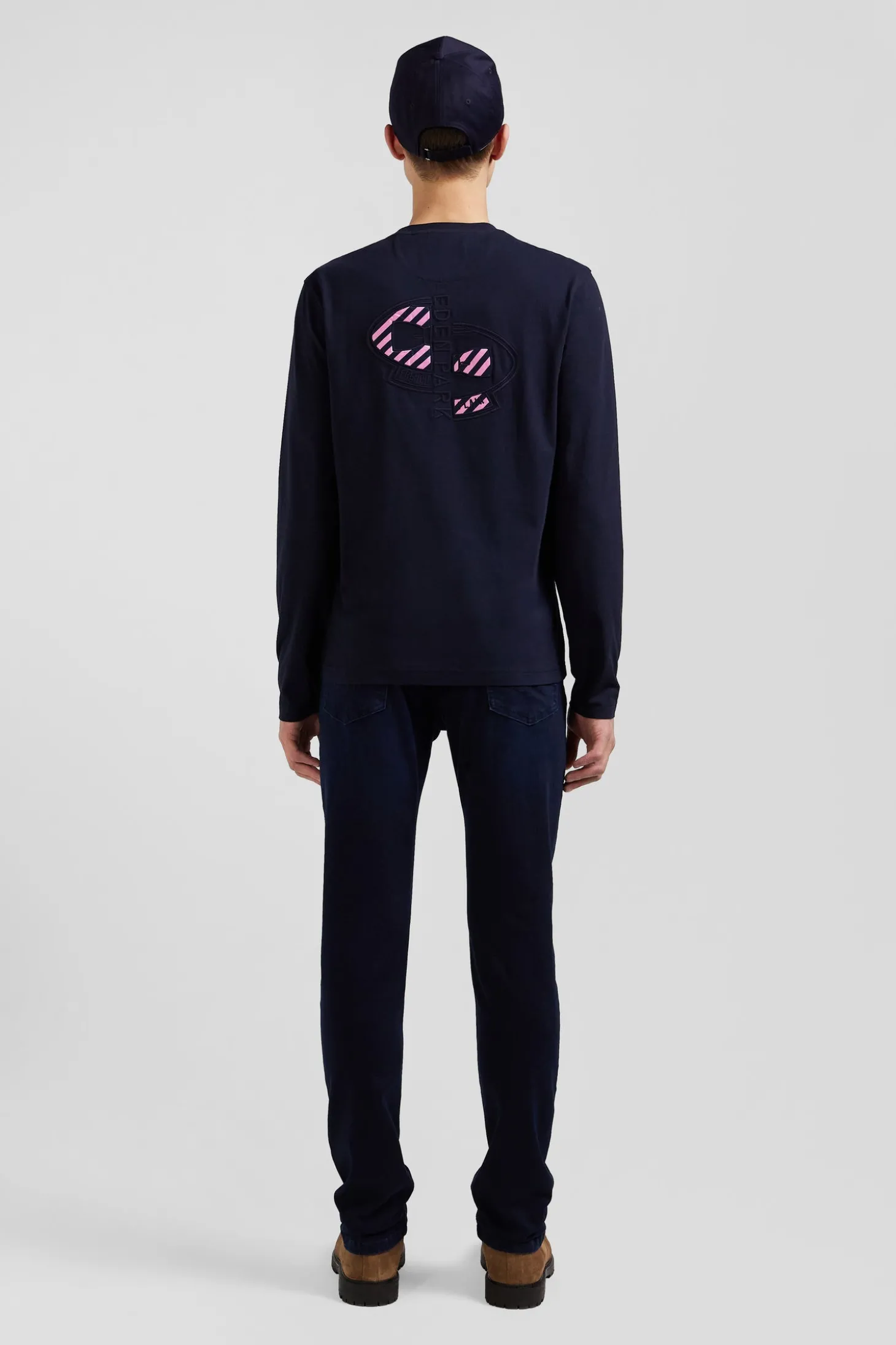 T-shirt manches longues en coton bleu marine brodé coupe Regular