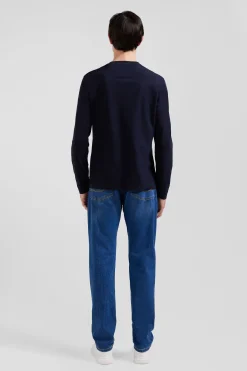T-shirt manches longues en coton bleu marine patch imprimé coupe Regular