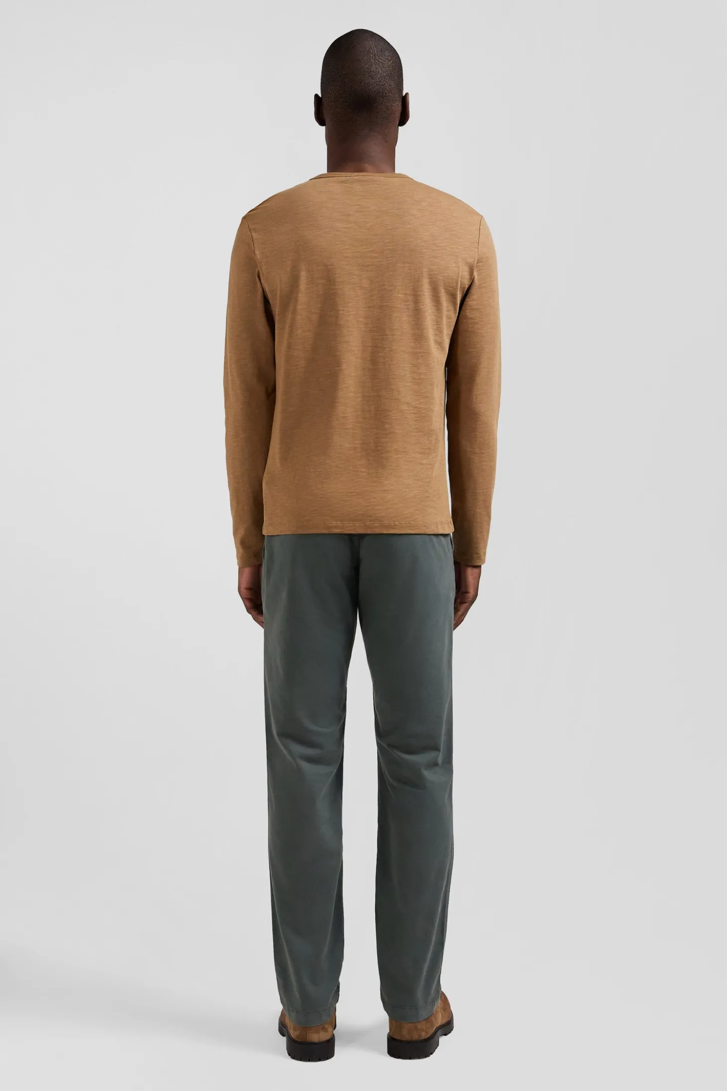 T-shirt manches longues en coton uni camel coupe Slim