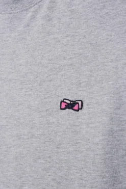 T-shirt manches longues en coton gris broderie et nœuds papillon cerclés