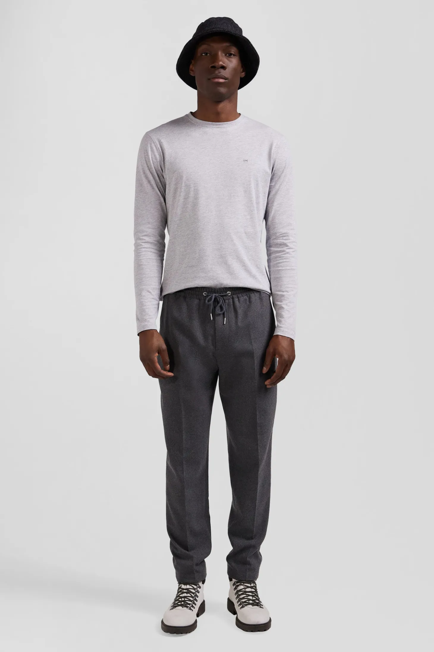 T-shirt manches longues uni en coton gris coupe Regular