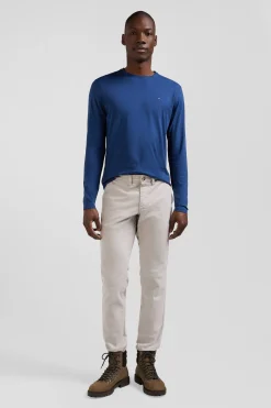T-shirt manches longues uni en coton bleu coupe Regular