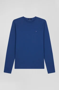 T-shirt manches longues uni en coton bleu coupe Regular