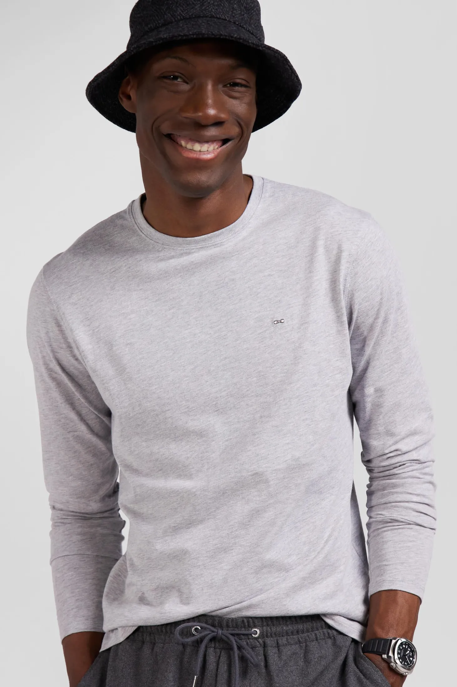 T-shirt manches longues uni en coton gris coupe Regular