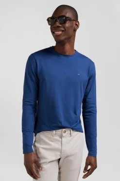 T-shirt manches longues uni en coton bleu coupe Regular
