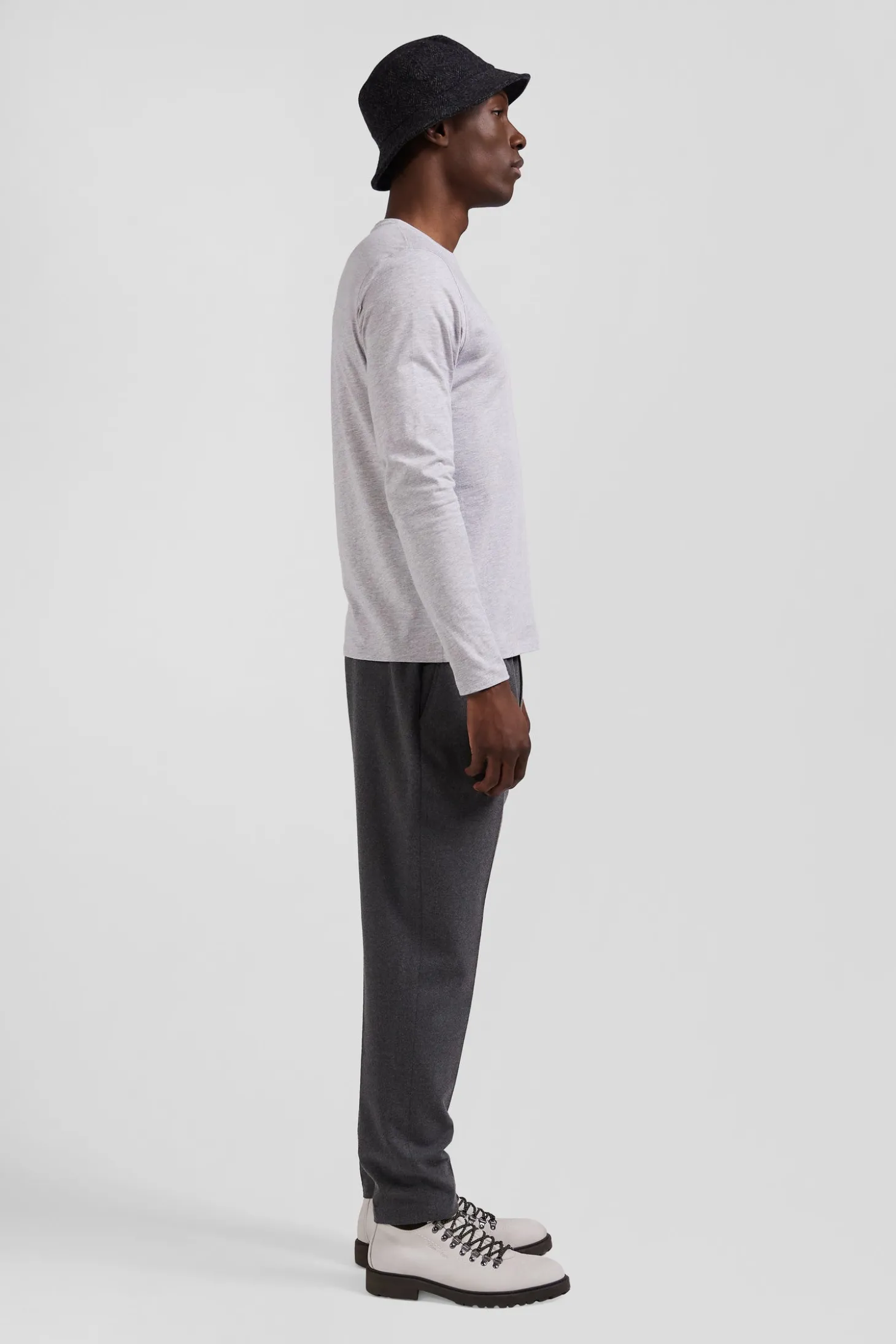 T-shirt manches longues uni en coton gris coupe Regular