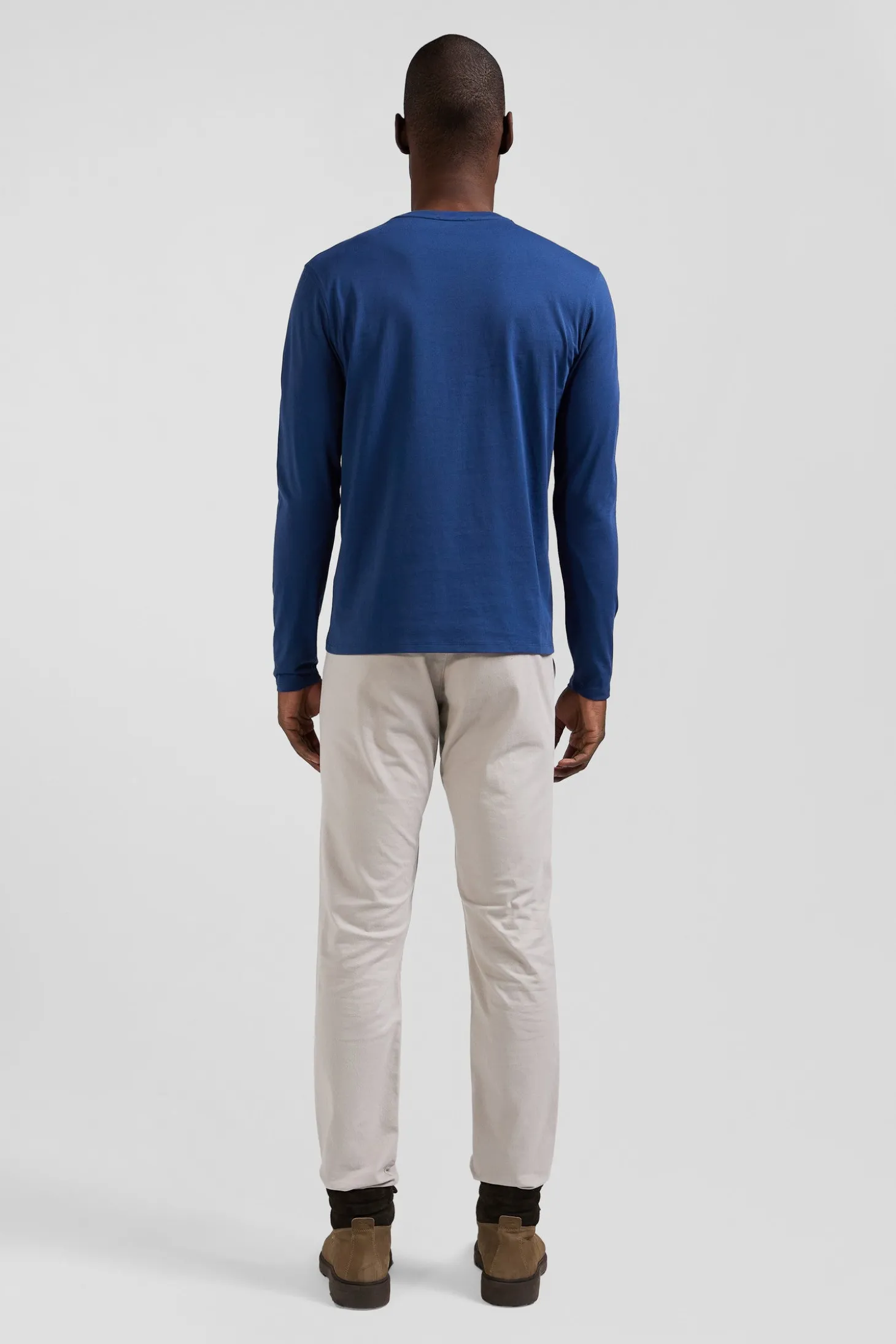 T-shirt manches longues uni en coton bleu coupe Regular