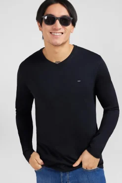 T-shirt noir col V à manches longues