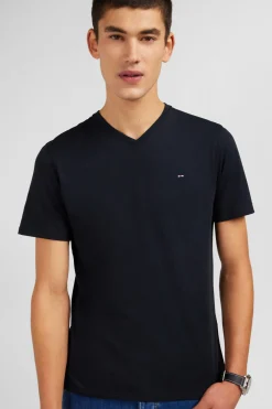 T-shirt noir col V à manches courtes