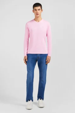 T-shirt rose col V à manches longues