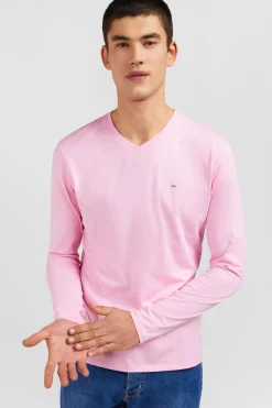 T-shirt rose col V à manches longues