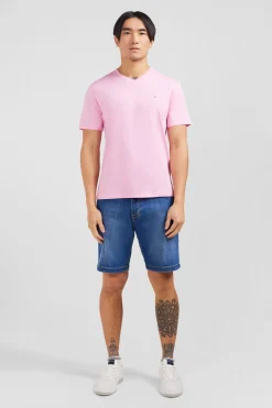 T-shirt rose col V à manches courtes