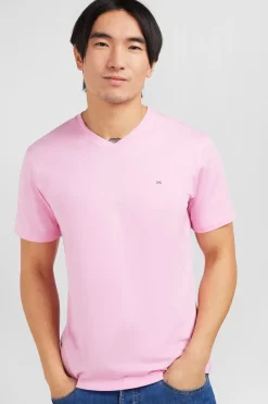T-shirt rose col V à manches courtes
