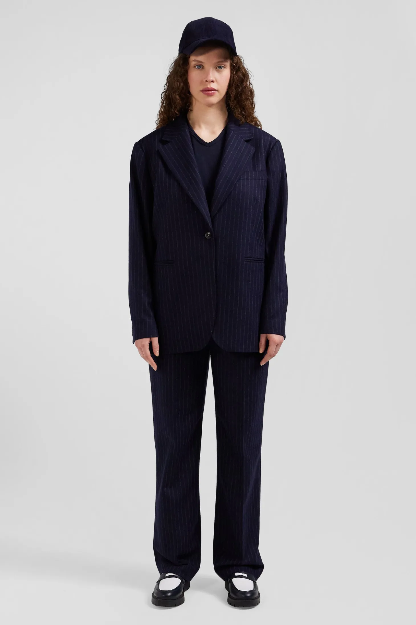 Veste blazer en laine bleu marine rayée coupe Oversized