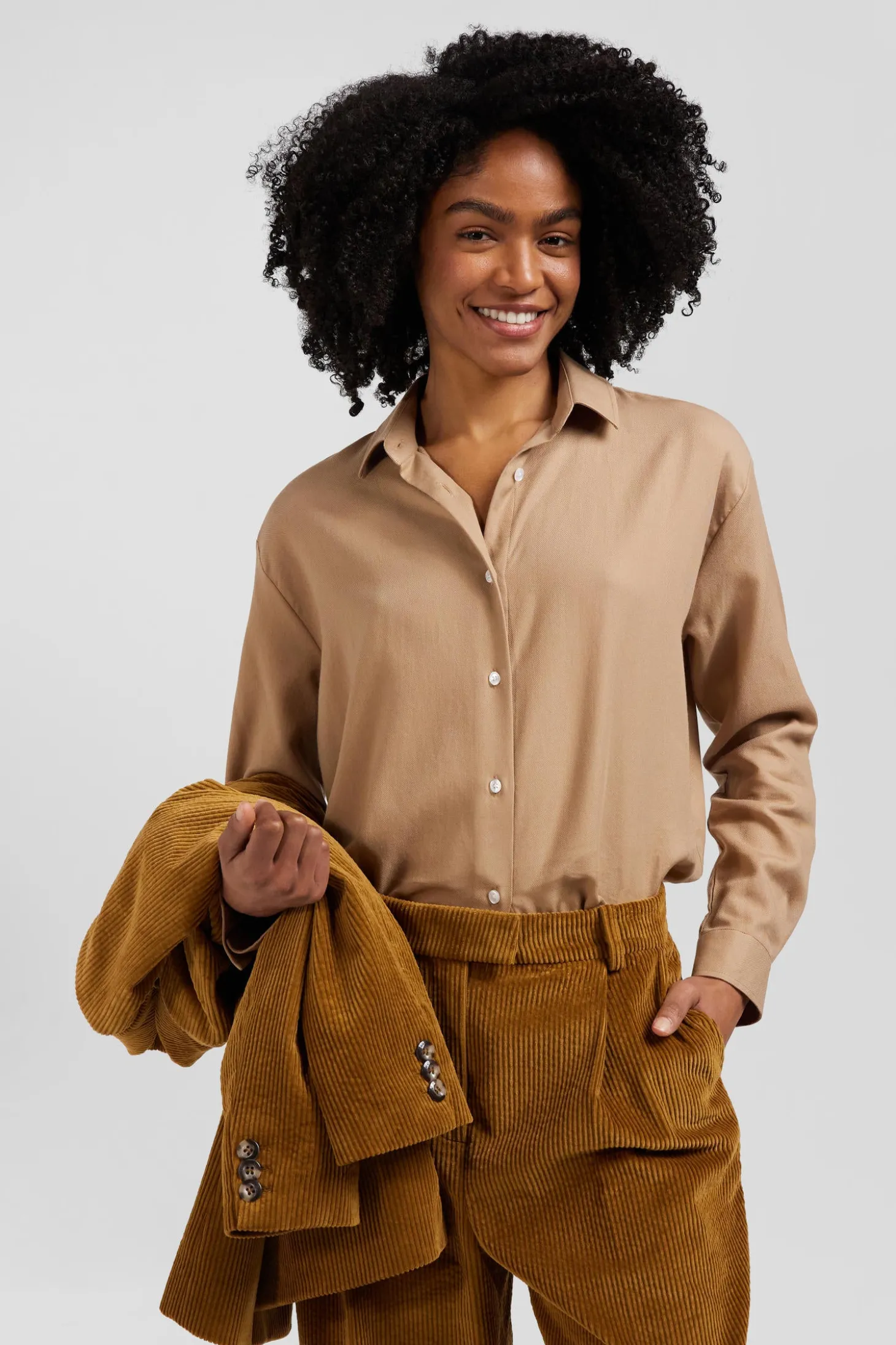 Veste blazer en velours côtelé camel coupe Modern